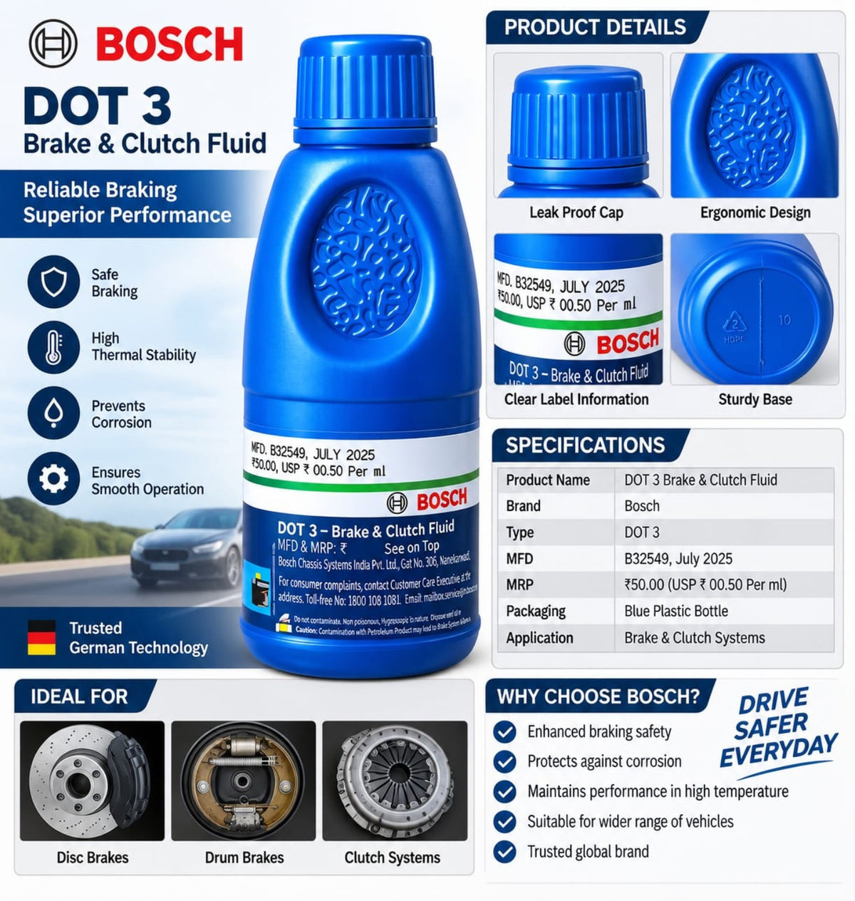 Bosch DOT 3 Brake and Clutch Fluid 100 ml