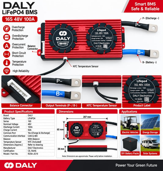 DALY 16S 48V 100A LiFePO4 BMS details and specifications
