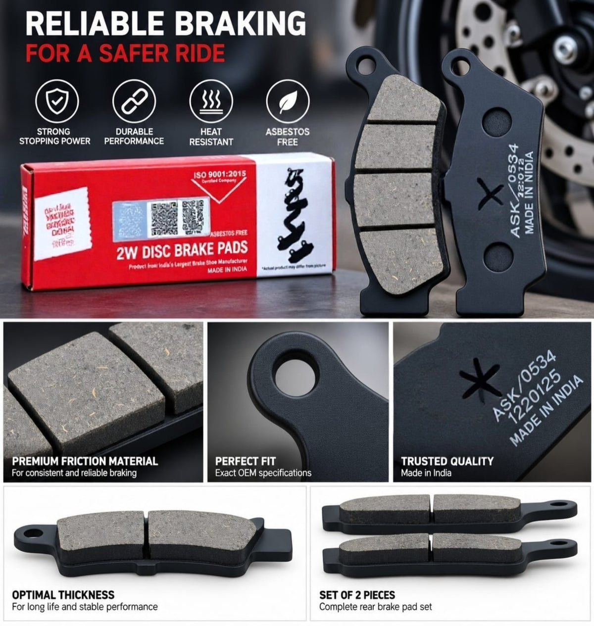 ASK rear disc brake pads product features and packaging