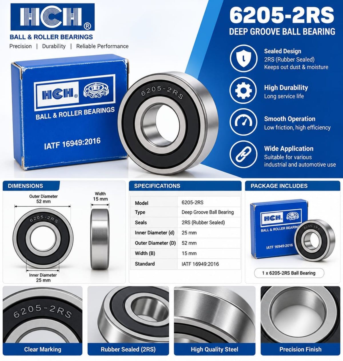 HCH 6205-2RS deep groove ball bearing views