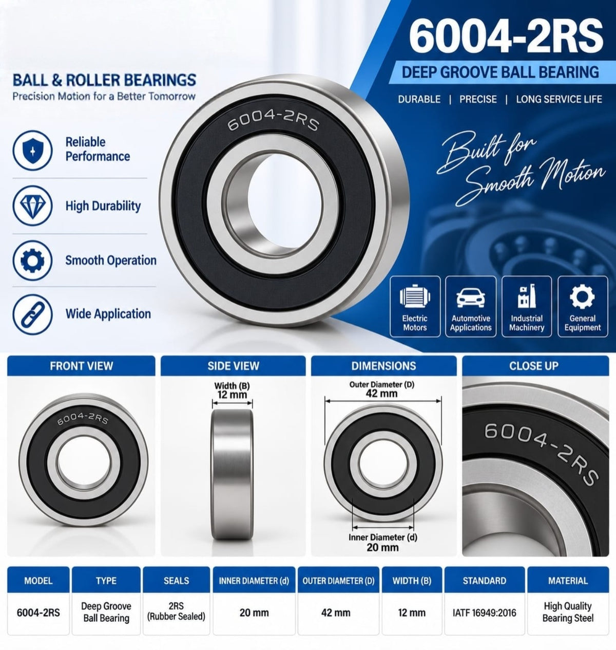 HCH 6004-2RS bearing front and side views