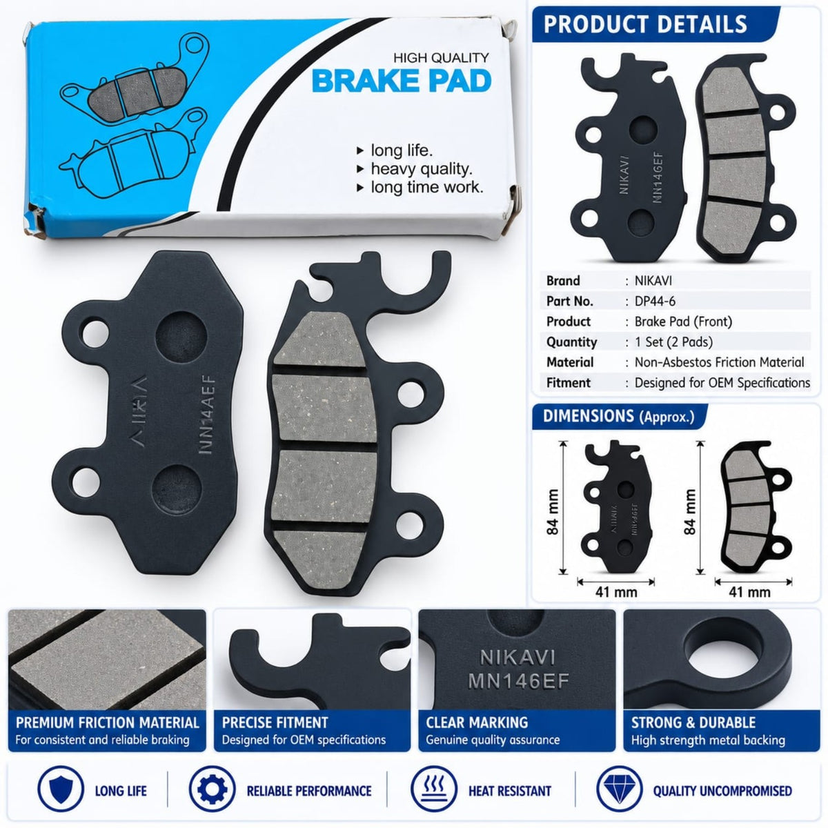 Ola front disc brake pads MN146EF angle view